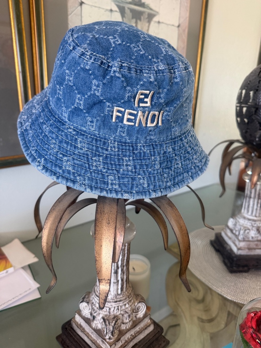 Blue Denim Monogram Bucket Hat with Embroidered Logo small - Picture 2 of 8